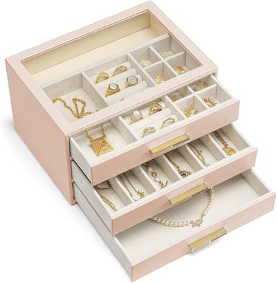 Juwelendoos Drie Lagen - Sieraden Opberger - Sieraden Organiseren - Glazen Deksel - 26x16x20 cm - Nude Roze