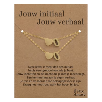 Letter O ketting + armband set op Cadeau Kaartje - Jouw initiaal, jouw verhaal - Goudkleurig Stainless Steel - Initiaal & Hartje Hanger - Pax Amare