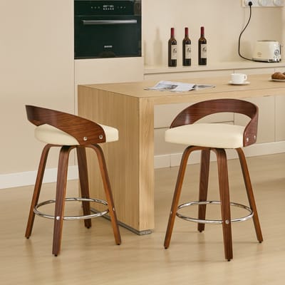 Barkrukken - Set van 2 - Zithoogte 63 cm - Lage Rugleuning - Hout en Textiel - Beige