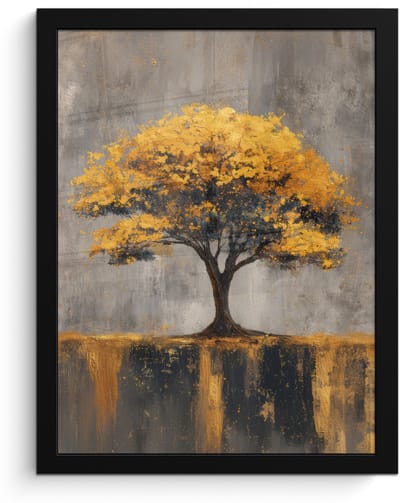 Poster in lijst - Fotolijst 30x40 cm - Posters - Boom - Bladeren - Goud - Abstract - Posterlijst zwart - Decoratie - Wanddecoratie woonkamer - Muurdecoratie slaapkamer