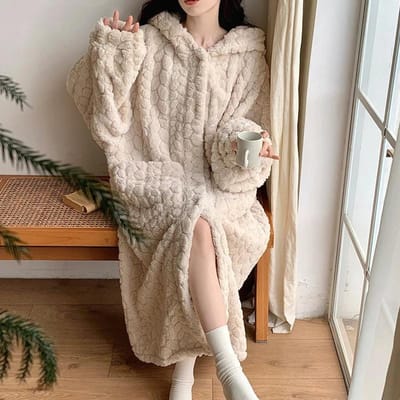 Zakgewaad voor Dames Nachtkleding Winter Nachthemd Nachtkleding Warm Fleece Pyjama Eendelig Nachthemd met Capuchon Slaapkleding M