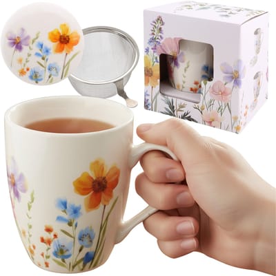 Theeset: porseleinen beker MOK 340 ml met infuser en deksel VOOR KRUIDEN, verpakt als CADEAU