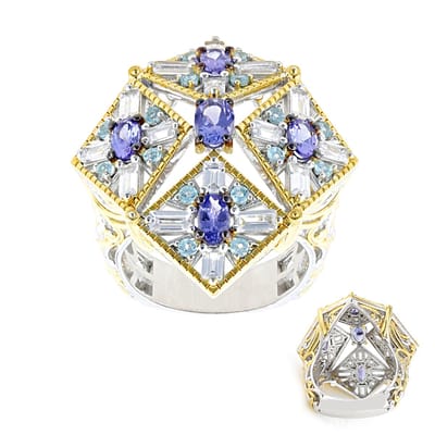 Cavill - Zilveren Ring 925 met Ovale Tanzaniet 1,377 ct en Baguette Zirkonen 2,16 ct - Modern Geometrisch Design - Luxe Dames Sieraad