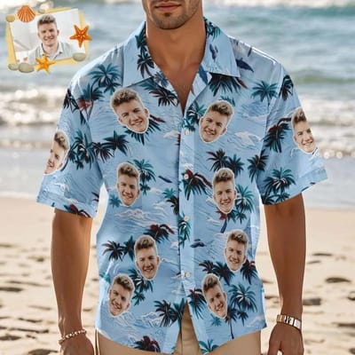 Tropisch Hawaïaans ShirtGezicht Foto Print Bloemenpatroon Aloha Shirt Casual Knopen Shirt Voor Mannen Blouses 2XL