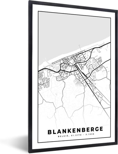 Fotolijst incl. Poster Zwart Wit- Zwart Wit – België – Plattegrond – Stadskaart – Kaart – Blankenberge - 40x60 cm - Posterlijst