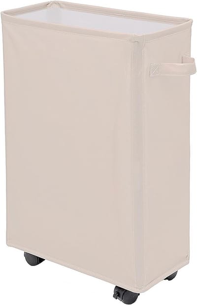 Smalle wasmand met wieltjes - 40 liter - beige - opvouwbaar