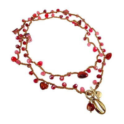 Boho Damesketting met Agaatsteen en Rode Kristallen met RVS Hanger Goudkleurig, Gehaakte Ketting of Armband - Handgemaakt door esde2