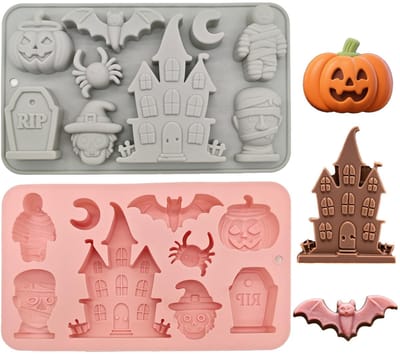 Dailygoods- Siliconen Mal Halloween Thema - 2 Stuks - Chocolade/Gelei - Kasteel/Grafsteen/Pompoen - Temperatuurbestendig - Makkelijk Losmaken - Bakvorm