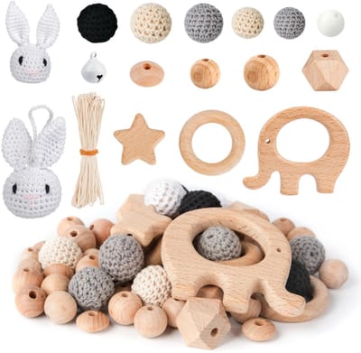 Houten kralen en ringen, kralen voor macramé, doe-het-zelf knutselset.