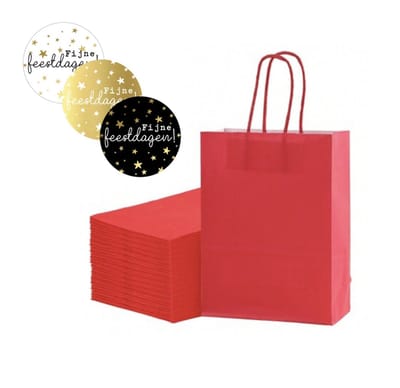 25 kleine papieren cadeautasjes 18x8x22 cm rood + stickers 4cm « Fijne feestdagen » Kersttassen met handvat Kersttasje Kerst verpakking draagtassen