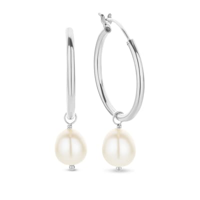 New Bling 9NB-0786 Zilveren Oorringen met Hangertje - Dames - Parel - 10 x 9 mm Doorsnee - Oorringen - 25 x 2 mm - Rhodium - Zilver