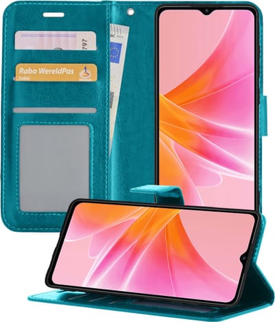 Hoesje - Met Pasjeshouder - Geschikt voor OPPO A17 - Luxe Bookcase Portemonee - Flip Case - Kunstleer Book Case - Flipcase - Book Cover - Walletcase - Portemonneehoes - Telefoonhoesjes - Turquoise