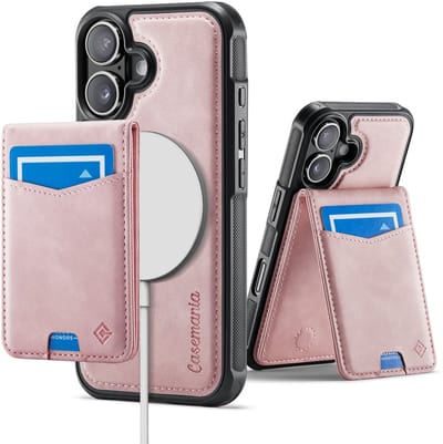 Casemania Hoesje Geschikt voor Apple iPhone 16 - Pale Pink - Geschikt voor MagSafe - Back Cover met Afneembare Magnetische Pasjeshouder met Standaard - Telefoonhoesje en Kaarthouder