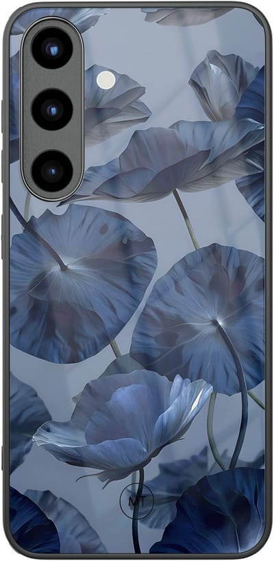 Hoesje geschikt voor Samsung Galaxy S25 - Dusky blooms - Hard Case Zwart Back Cover - Bloemen - Blauw - Mooie Telefoonhoesjes