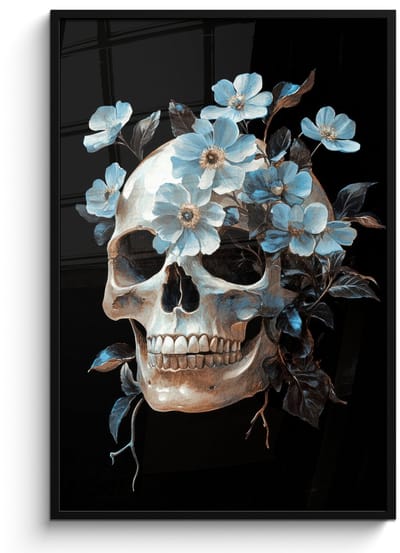 Poster in lijst - Fotolijst 80x120 cm - Posters - Schedel - Blauw - Bloemen - Bladeren - Posterlijst zwart - Decoratie - Wanddecoratie woonkamer - Muurdecoratie slaapkamer