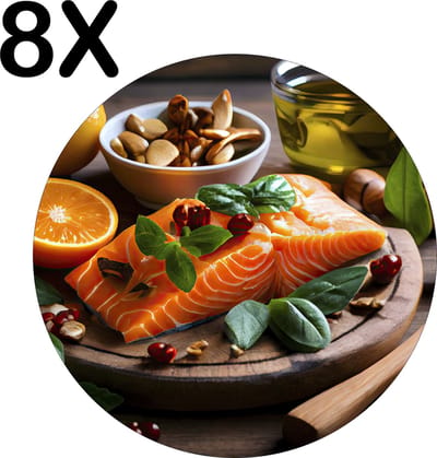 Luxe Ronde Placemat - Zalm met Noten op Houten Bord - Set van 8 Placemats - 50x50 cm - 2 mm dik Vinyl - Anti Slip - Afneembaar