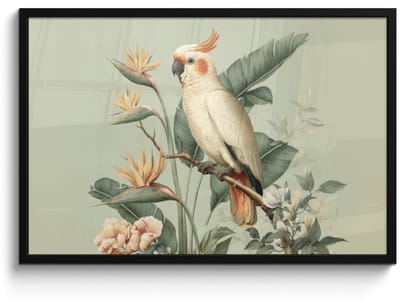 Poster in lijst - Fotolijst 90x60 cm - Posters - Gele kuifkaketoe - paradijsvogelbloemen - Groen - Posterlijst zwart - Decoratie - Wanddecoratie woonkamer - Muurdecoratie slaapkamer