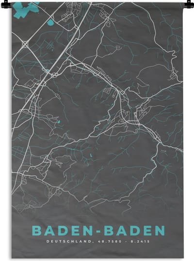 Wandkleed - Wanddoek - Kaart – Plattegrond – Stadskaart – Baden Baden – Duitsland – Blauw - 120x180 cm - Wandtapijt