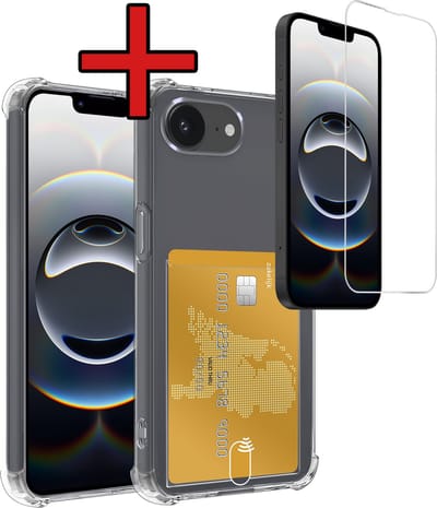 Hoesje - Geschikt voor Apple iPhone 16e / 17e - Met Screenprotector - Pashouder - Kaarthouder - Back Cover - Telefoon Hoes Shockproof - Siliconen Case - Shock Proof - Pasjes Houder - Telefoonhoes - Transparant