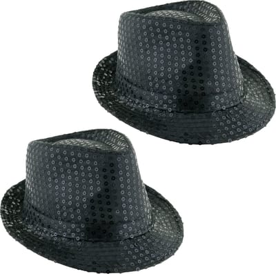 Funny Fashion Trilby hoedje - 2x - zwart - glitter - pailletten - polyester - heren/dames - Carnaval - glitterhoed