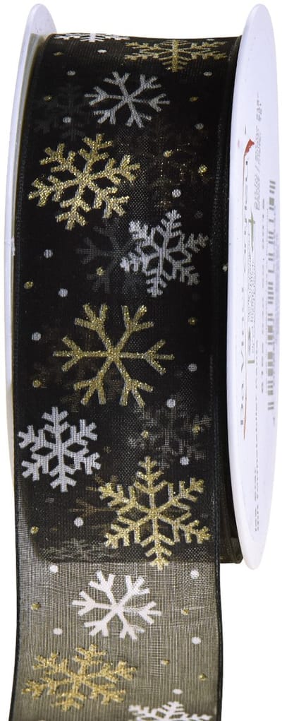 Kerstlint organza sneeuwvlokken zwart goud 40mm 15m