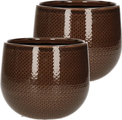 Set van 3x stuks keramiek aardewerk bloempotten van 14 x 16 cm in het geribbeld bruin - Mica Decorations plantenpotten