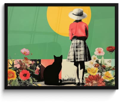 Poster in lijst - Fotolijst 80x60 cm - Posters - Retro - Meisje - Kat - Zon - Posterlijst zwart - Decoratie - Wanddecoratie woonkamer - Muurdecoratie slaapkamer