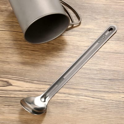 Lixada Titanium Lepel met Lange Steel en Gepolijste Kom Buiten Draagbare Dinerlepel Bestek Camping B black