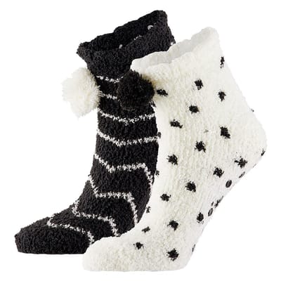 Apollo - Lage bedsokken - Bedsokken dames - Zwart-Wit - One Size - Winter sokken - Fluffy sokken - Warme sokken - Bedsokken