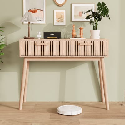 Consoletafel met 2 lades, haltafel, smalle ladekast met 2 lades, bijzettafel voor woonkamer, hal, dressoir, 100 x 35 x 80 cm, natuurlijke houten kleur
