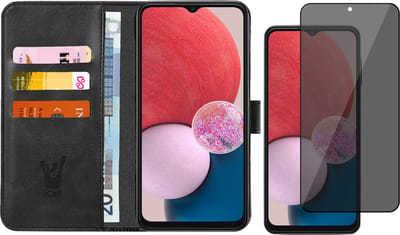 Hoesje geschikt voor Samsung Galaxy A13 4G - Book Case Kunstleer Wallet Cover Portemonnee Pasjeshouder Hoes Zwart - Tempered Glass Privacy Screenprotector
