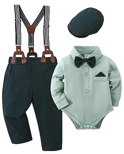 Baby Jongens Gentleman Kleding Set - Tuxedo Romper met Bretels en Stropdas 0-18 Maanden