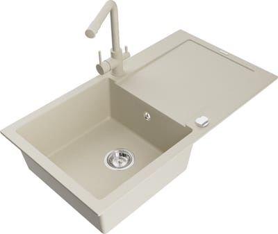 Mexen Leo granieten spoelbak 1-komers met afdruiprek en keukenkraan Duero, beige- 6501-69-671600-69