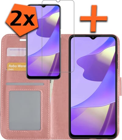 Hoes - Met 2x Screenprotector - Geschikt voor OPPO A16s - Luxe Pasjeshouder - Bookcase Portemonee - Flip Case - Kunstleer Book Case - Flipcase Hoes - Book Cover - Walletcase - PortemonneeHoes - Rosé goud