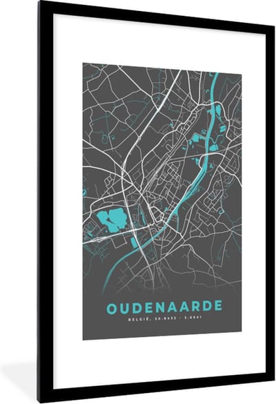 Fotolijst incl. Poster - Plattegrond – Oudenaarde – Blauw – Stadskaart - Kaart - 80x120 cm - Posterlijst
