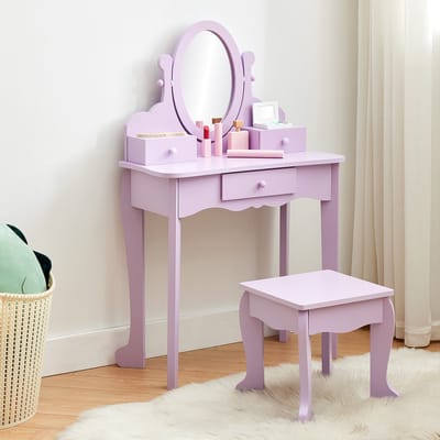 Kinderkaptafel set met spiegel en kruk - houten kaptafel voor meisjes speelgoed - paars