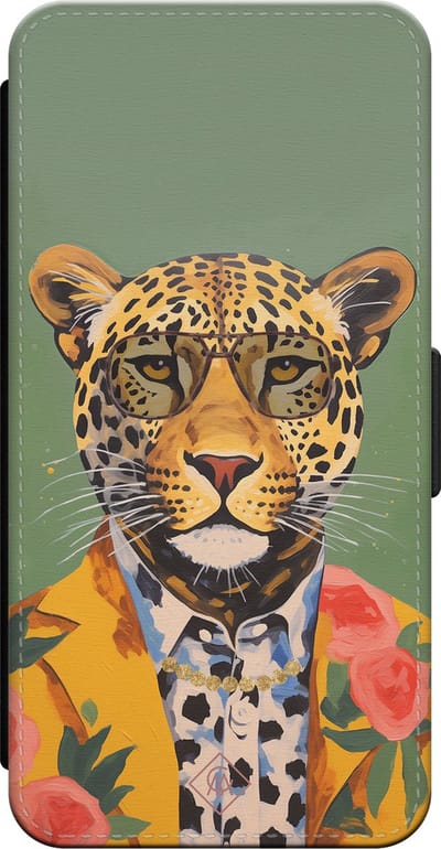 Casimoda® bookcase - Geschikt voor iPhone 16 - Hoesje met pasjeshouder - Luipaard Hipster - Groen - Kunstleer