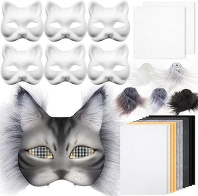 DIY Maskerset – Masker – Inclusief vilten accessoires – Pluche materiaal – Ongeverfd – Oogjes van gaas – Handgeschilderd – Halloween kattenmasker (blanco basis/handgeschilderd) – Geschikt voor feestkostuums – Wit