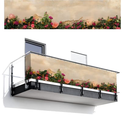 Balkonscherm 500x120 cm - Balkonposter Rozen - Muur - Vintage - Balkon scherm decoratie - Balkonschermen - Balkondoek zonnescherm