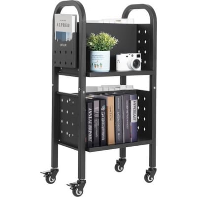 VEVOR Boekenwagen, draagvermogen 70 kg, Bibliotheekwagen, 45 x 33 x 88 cm, dubbelzijdige L-vormige boekenplank met dubbele remwielen, Boekenplankwagen voor woonkamer, kantoor, school, zwart
