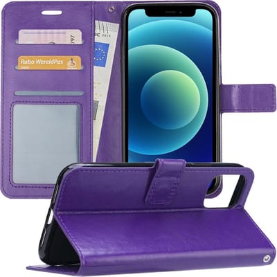 Hoesje - Geschikt voor Apple iPhone 12 - Luxe Bookcase - Walletcase Hoes - Portemonnee - Cover - Telefoonhoes - Paars