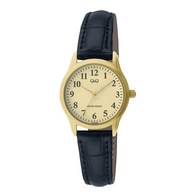 Q&Q C03A-008PY - Horloge - Vrouwen - Dames - Leren band - Rond - Staal - Zwart - Goudkleurig