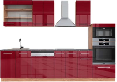 Vicco Fame-Line Complete keukeneenheid – 300 cm met hoge kast, WB Antraciet Bordeaux hoogglans/gouden eik