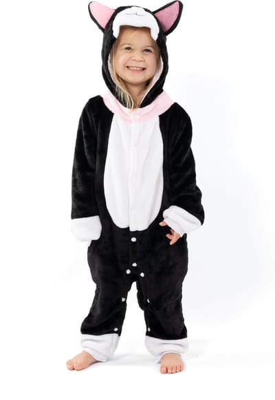 KIMU® Onesie Zwarte Kat Pakje - Maat 86-92 - Poezenpak Kostuum Zwart Pak - Peuter Boxpakje Pyjama Huispak Jumpsuit Jongen Meisje Zacht Fleece Festival