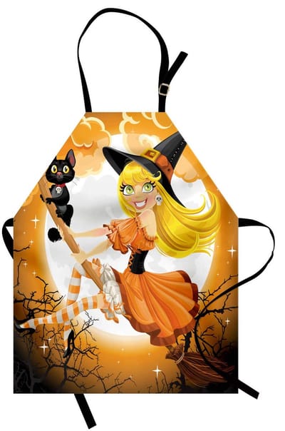 ABAKUHAUS Halloween-kookschort: Leuke sexy heks op een bezem met schattige kittens en nevelachtig maanlicht, Halloween-thema, kleurvast, in hoogte verstelbaar, wasbaar, duidelijke digitale afdruk, oranje