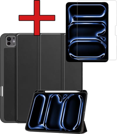 Hoesje - Geschikt voor Apple iPad Pro (2024/2025) - 11 inch - Met Screenprotector - Trifold Bookcase Hoes - Hard Cover Case - Met Uitsparing Geschikt voor Apple Pencil - Hardcover Book - Tablethoes - Zwart