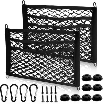 2 stuks 3-laags opbergnet voor camper, auto, 45 x 25 cm, elastisch bagagenet met 4 karabijnhaken, kofferbaknet, kofferbaknet, universeel voor caravans en boten