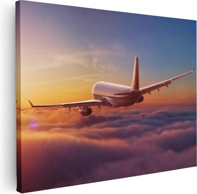 Artaza Canvas Schilderij Zonsondergang - 40x30 cm - Klein - Wanddecoratie Vliegtuig - Muurdecoratie Wolkendek - Kamer Accessoires