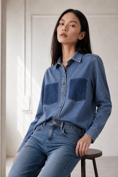 Western repair denim shirt | Flu Blue - Flu Blue / 38