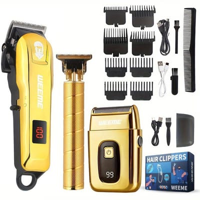 Professionele tondeuseset voor heren – Baardtrimmer en tondeuse – Haartondeuseset - Spiraalvormig 3-delig - Waterdicht – USB-C opladen – T-vormige snijkop - Goud